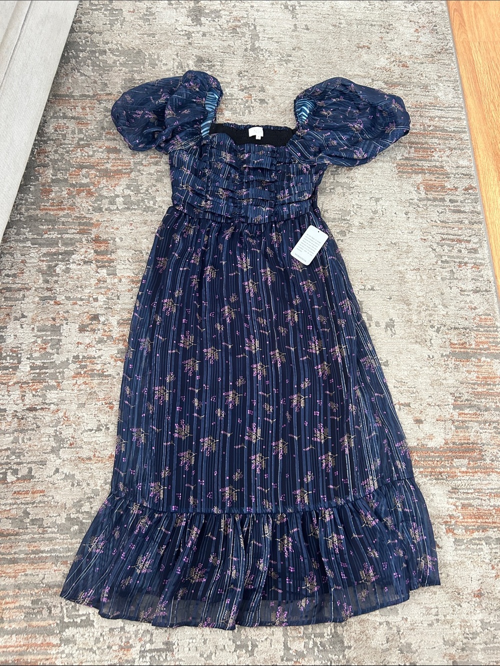 NSR Navy Blue Floral Puff Sleeve Women Dress NEW